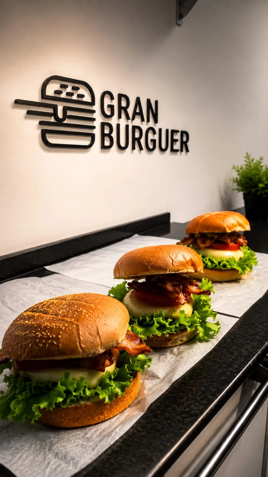 Hambúrgueres Gran Burguer com identidade da marca ao fundo