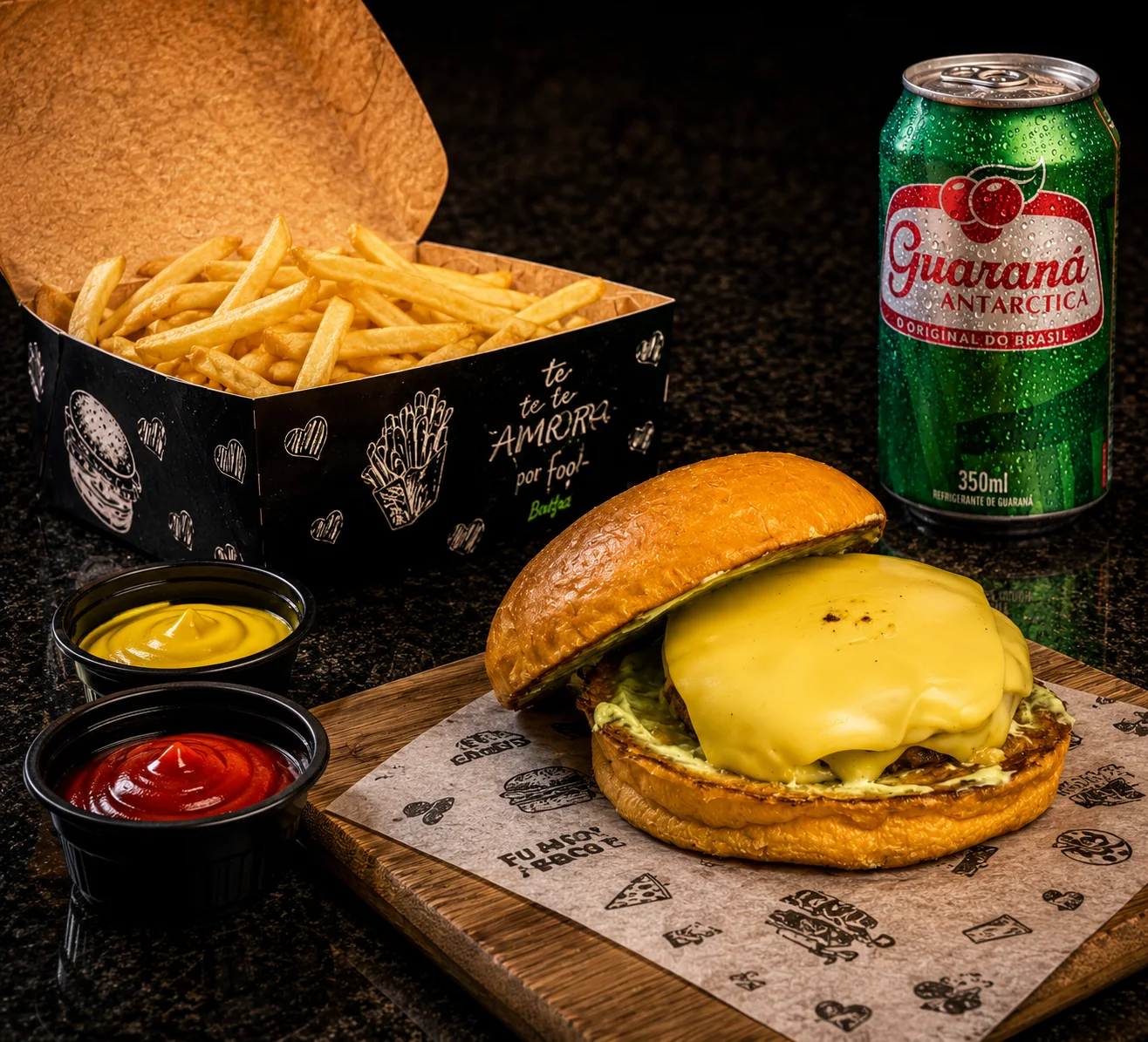Combo Gran Burguer com hambúrguer, fritas, molhos e refrigerante